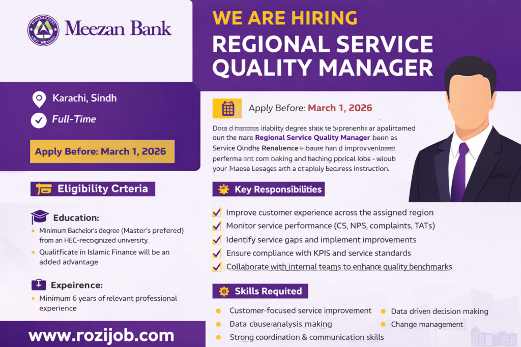 Meezan Bank Regional Service Quality Manager Jobs 2026 in Karachi – Apply Now